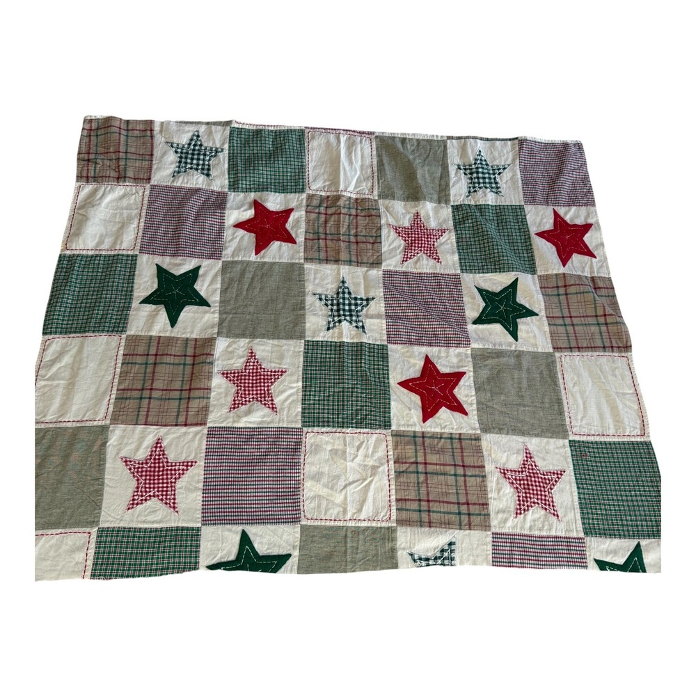 Handmade Patchwork Star Applique Quilt Top Plaid Gingham 43x35